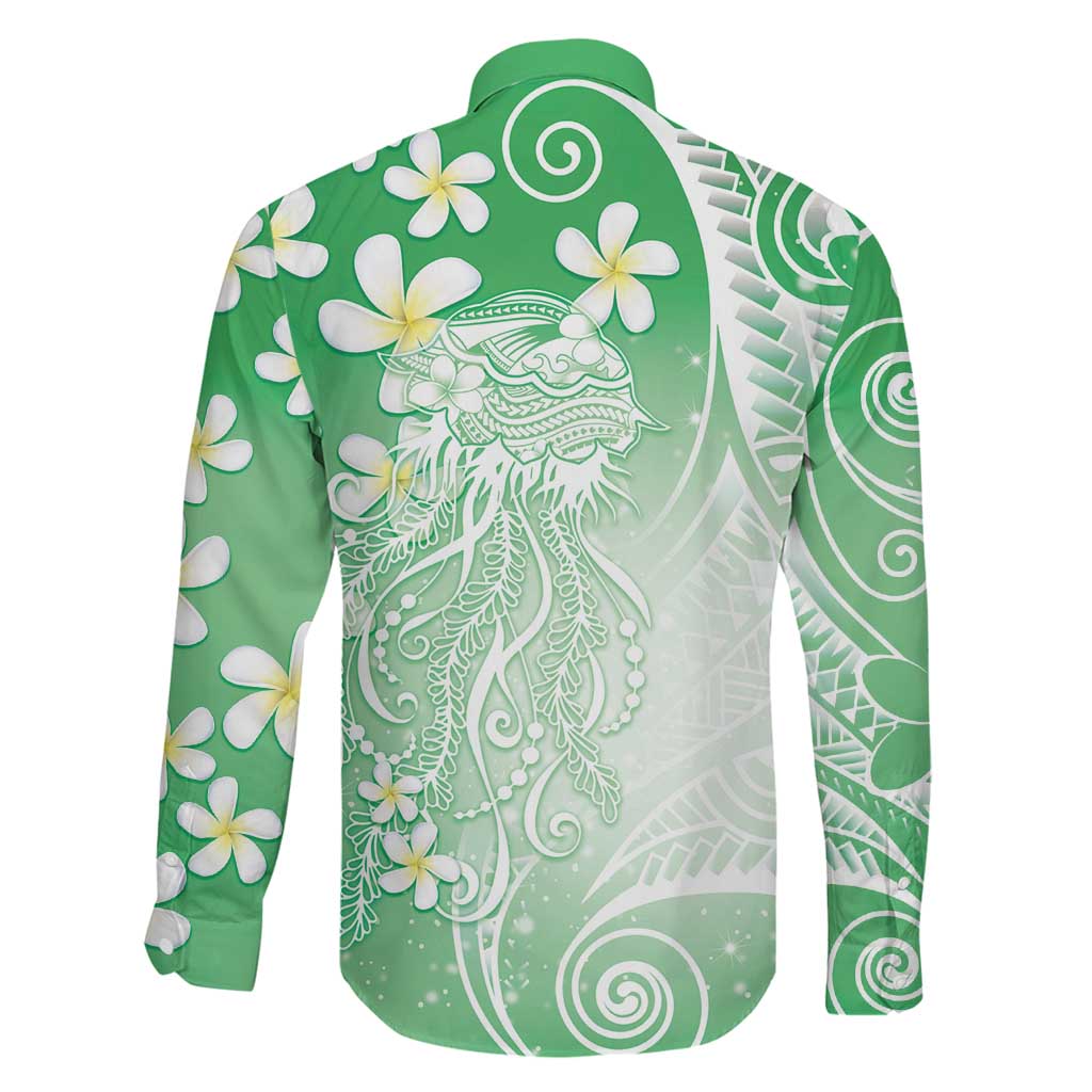 Polynesian Jellyfish Family Matching Off Shoulder Short Dress and Hawaiian Shirt With Plumeria Green