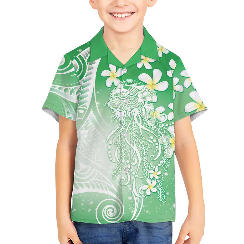 Polynesian Jellyfish Family Matching Off Shoulder Short Dress and Hawaiian Shirt With Plumeria Green