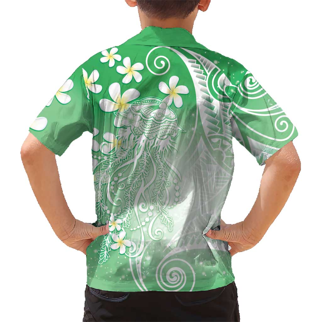 Polynesian Jellyfish Family Matching Summer Maxi Dress and Hawaiian Shirt With Plumeria Green