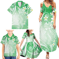 Polynesian Jellyfish Family Matching Summer Maxi Dress and Hawaiian Shirt With Plumeria Green