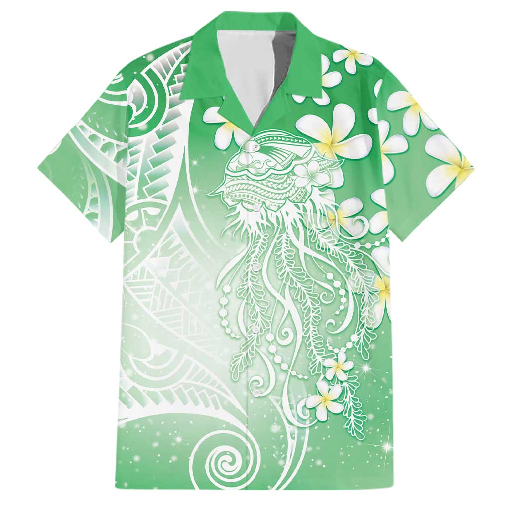 Polynesian Jellyfish Family Matching Summer Maxi Dress and Hawaiian Shirt With Plumeria Green
