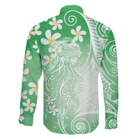 Polynesian Jellyfish Family Matching Summer Maxi Dress and Hawaiian Shirt With Plumeria Green