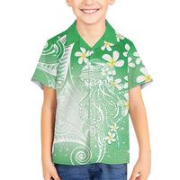 Polynesian Jellyfish Family Matching Summer Maxi Dress and Hawaiian Shirt With Plumeria Green