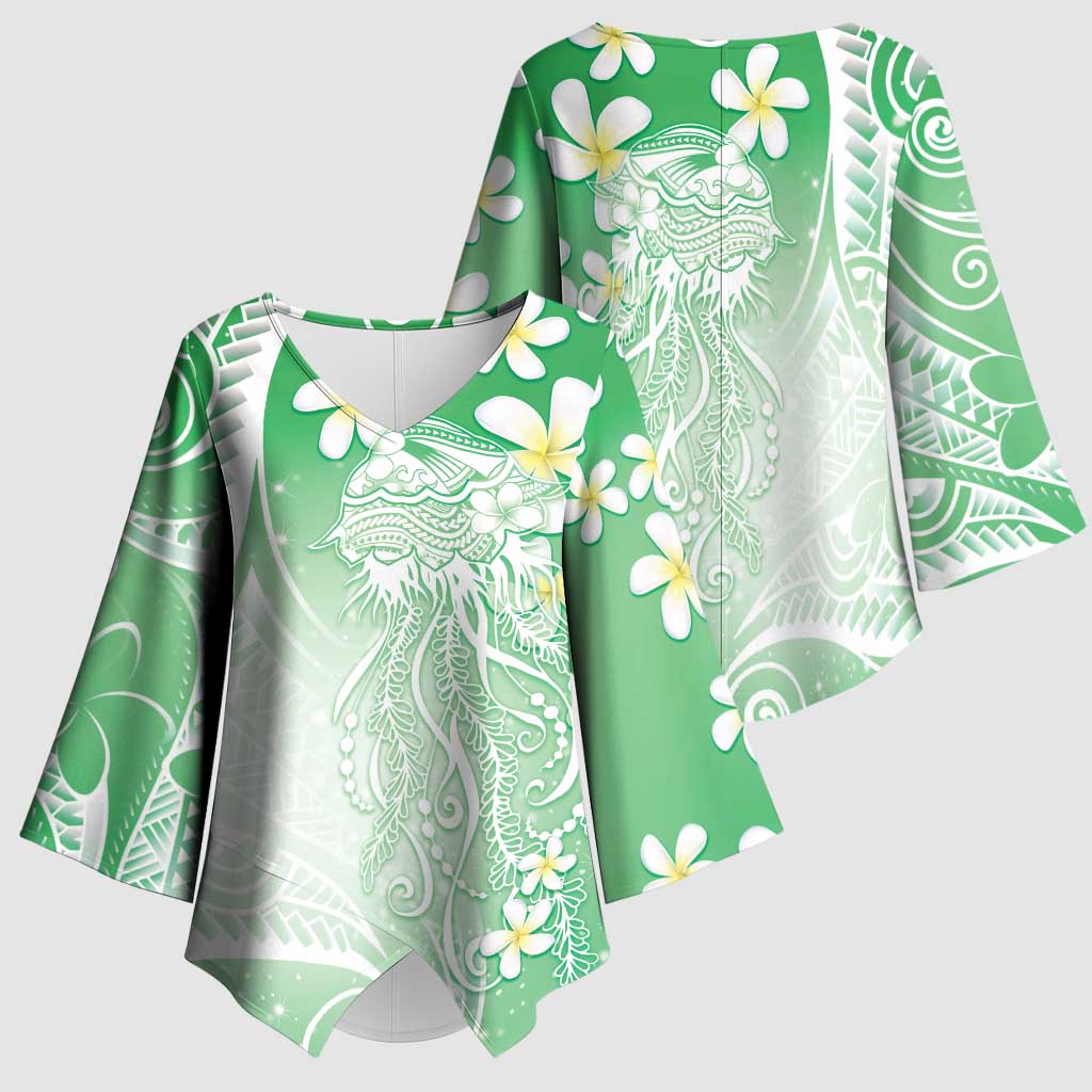 Polynesian Jellyfish Kimono Sleeve Blouse With Plumeria Green LT05 - Polynesian Pride