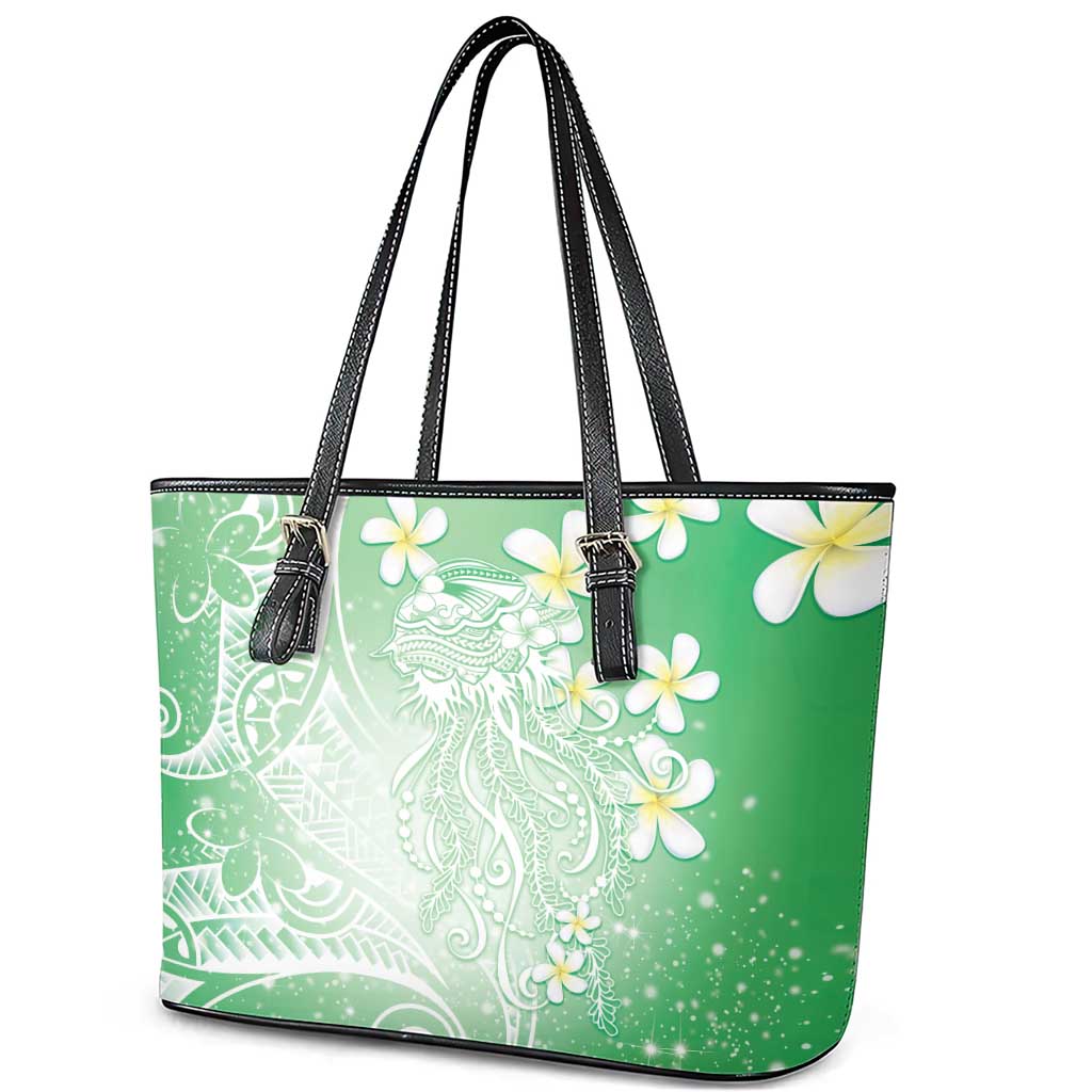 Polynesian Jellyfish Leather Tote Bag With Plumeria Green LT05 - Polynesian Pride