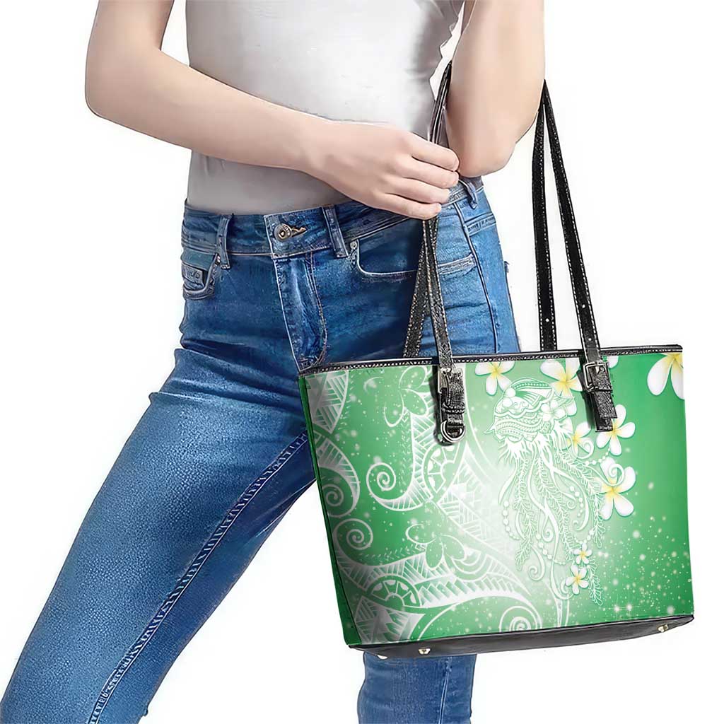 Polynesian Jellyfish Leather Tote Bag With Plumeria Green LT05 - Polynesian Pride
