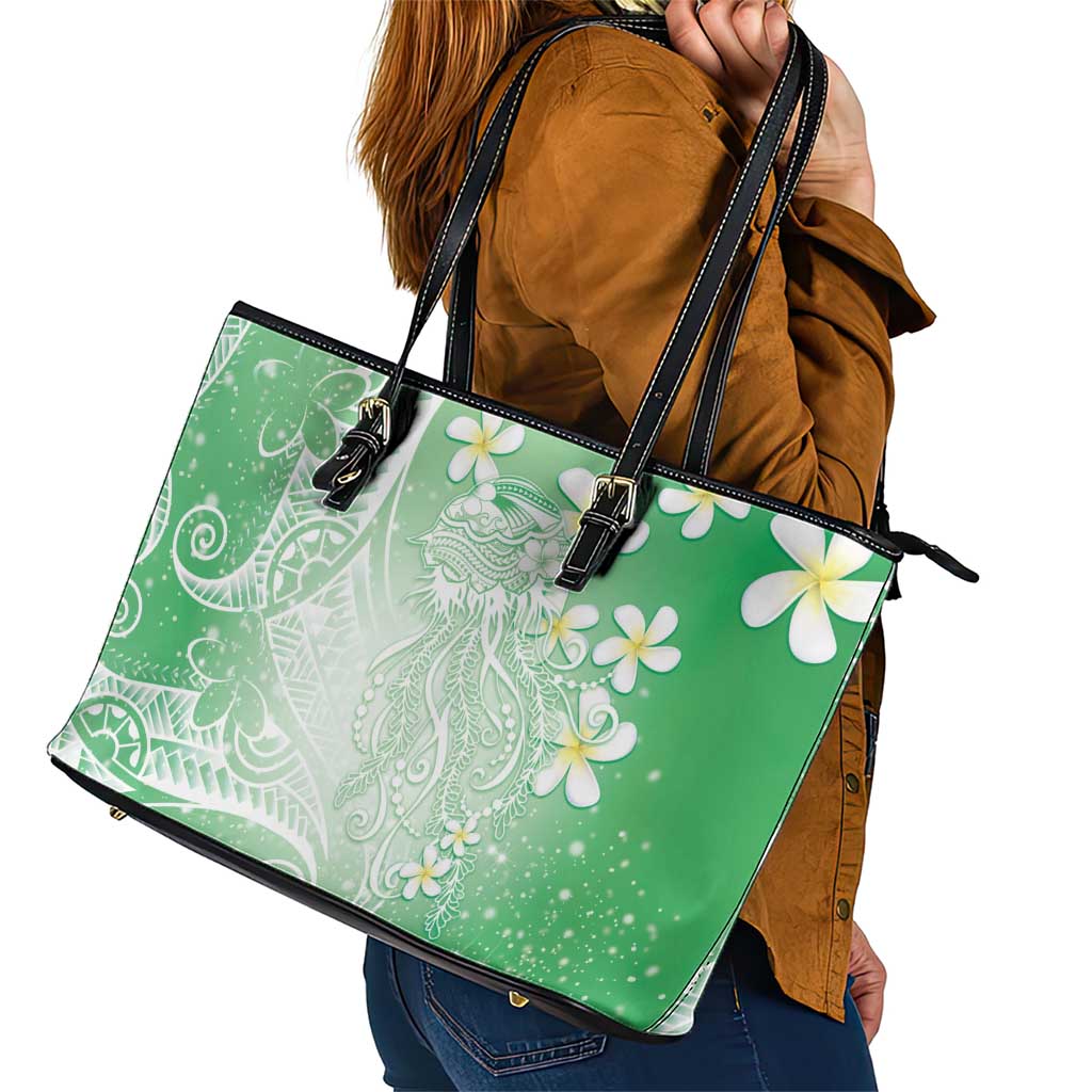 Polynesian Jellyfish Leather Tote Bag With Plumeria Green LT05 - Polynesian Pride