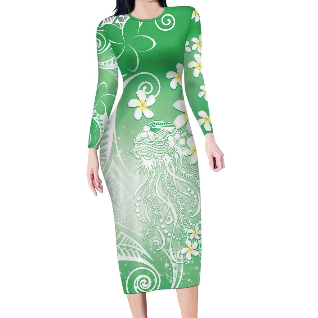 Polynesian Jellyfish Long Sleeve Bodycon Dress With Plumeria Green LT05 Long Dress Green - Polynesian Pride