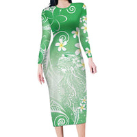 Polynesian Jellyfish Long Sleeve Bodycon Dress With Plumeria Green LT05 Long Dress Green - Polynesian Pride