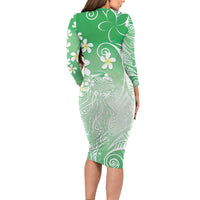Polynesian Jellyfish Long Sleeve Bodycon Dress With Plumeria Green LT05 - Polynesian Pride