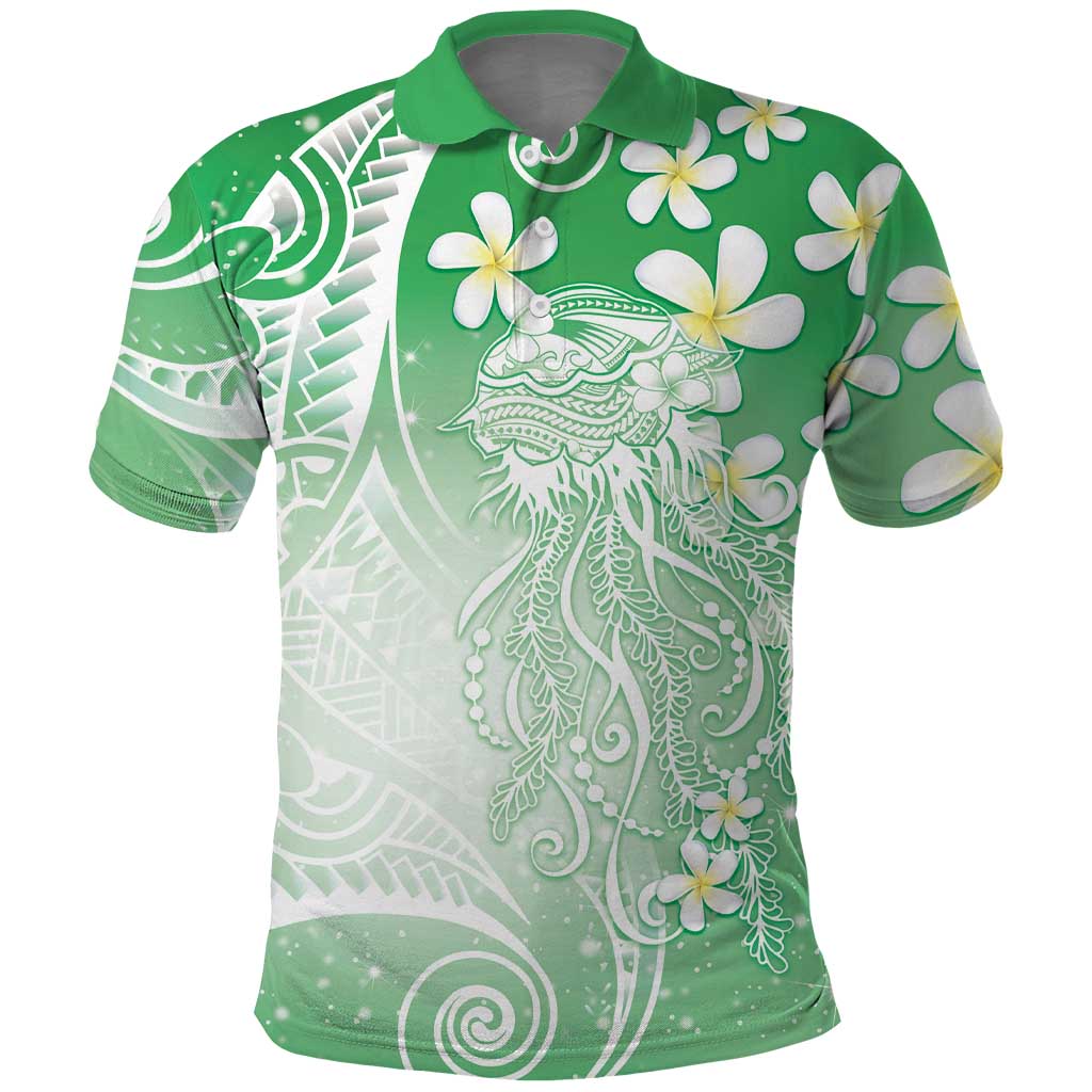 Polynesian Jellyfish Polo Shirt With Plumeria Green LT05 Green - Polynesian Pride