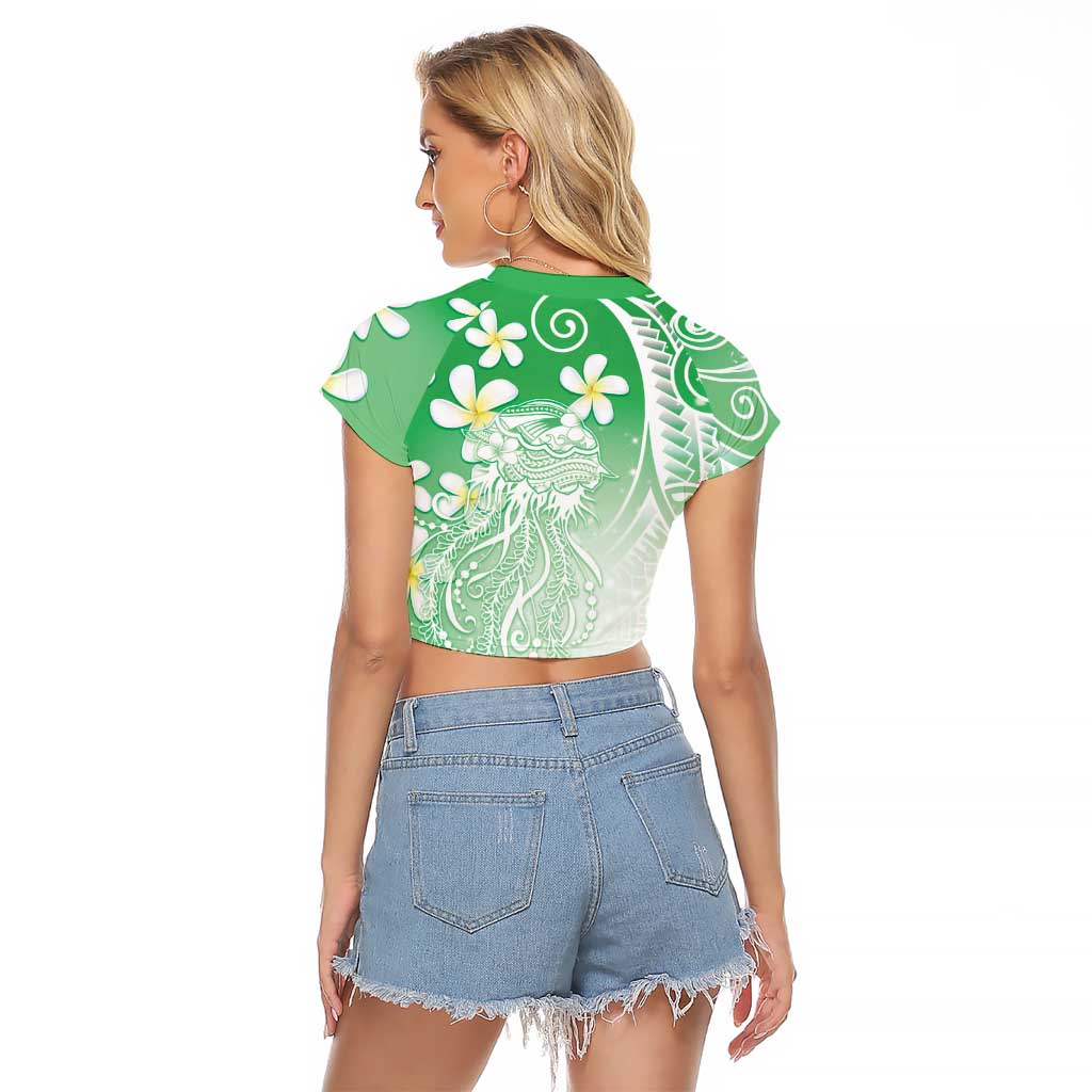 Polynesian Jellyfish Raglan Cropped T Shirt With Plumeria Green LT05 - Polynesian Pride