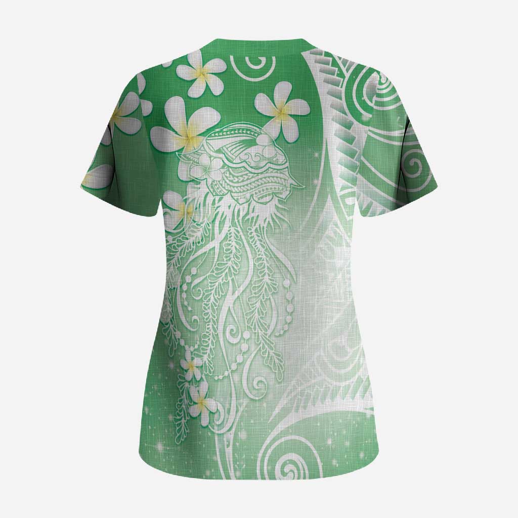 Polynesian Jellyfish Scrub Top With Plumeria Green LT05 - Polynesian Pride