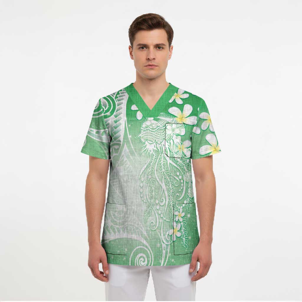 Polynesian Jellyfish Scrub Top With Plumeria Green LT05 - Polynesian Pride