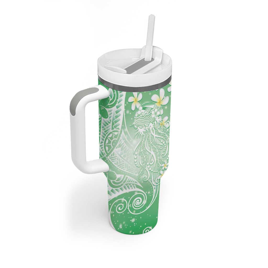 Polynesian Jellyfish Tumbler With Handle With Plumeria Green LT05 - Polynesian Pride