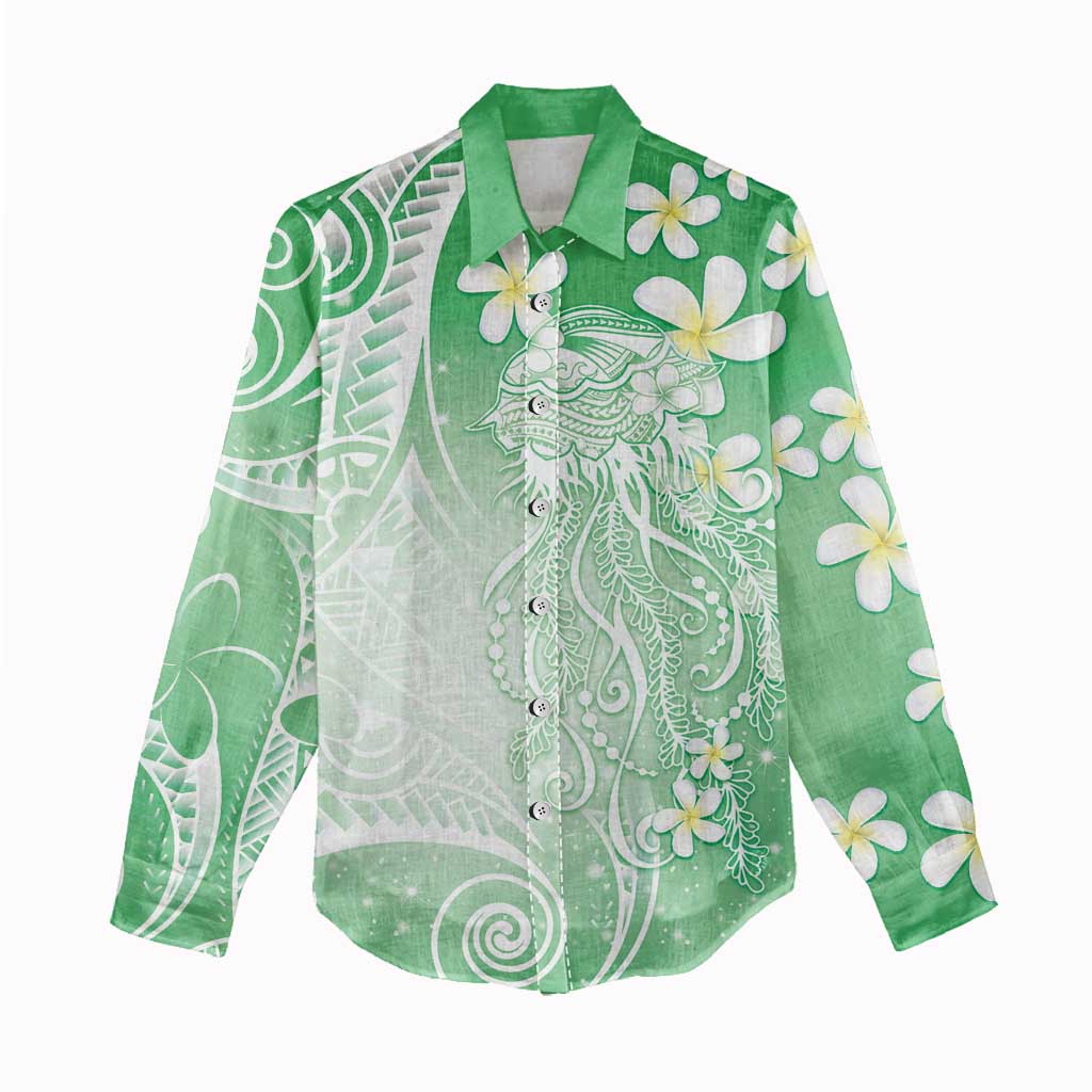 Polynesian Jellyfish Women Casual Shirt With Plumeria Green LT05 - Polynesian Pride