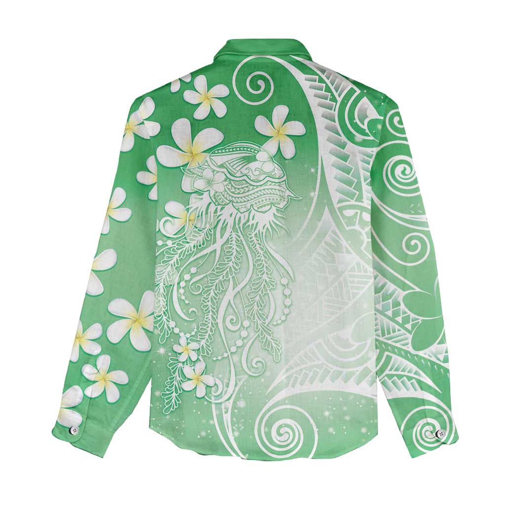 Polynesian Jellyfish Women Casual Shirt With Plumeria Green LT05 - Polynesian Pride