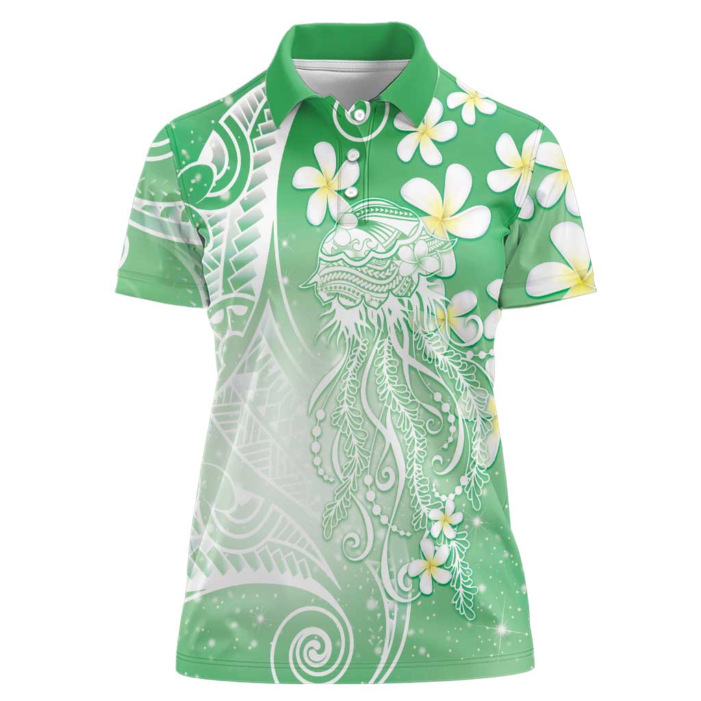 Polynesian Jellyfish Women Polo Shirt With Plumeria Green LT05 Female Green - Polynesian Pride