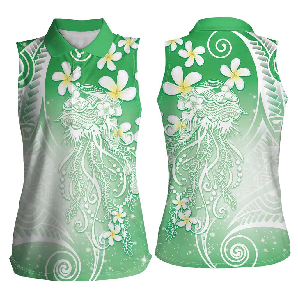 Polynesian Jellyfish Women Sleeveless Polo Shirt With Plumeria Green LT05 - Polynesian Pride