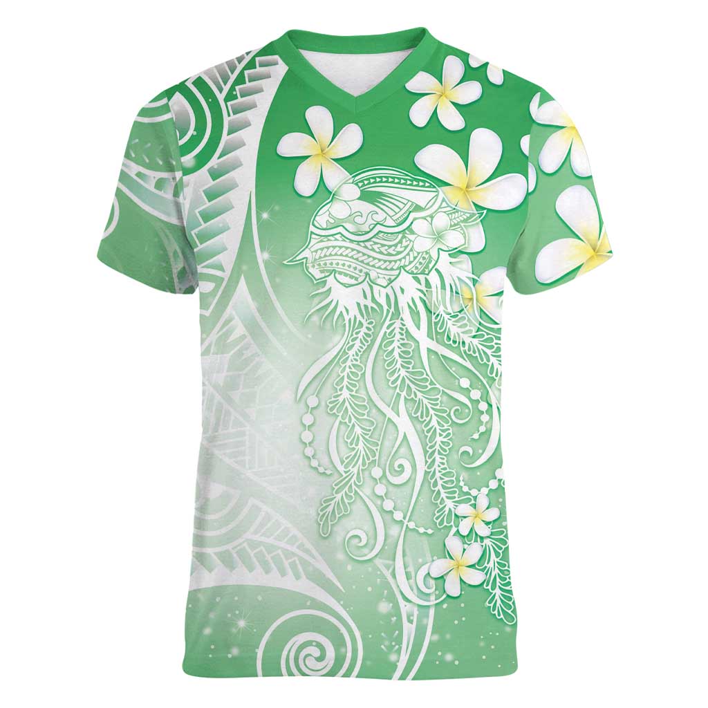 Polynesian Jellyfish Women V-Neck T-Shirt With Plumeria Green LT05 Female Green - Polynesian Pride
