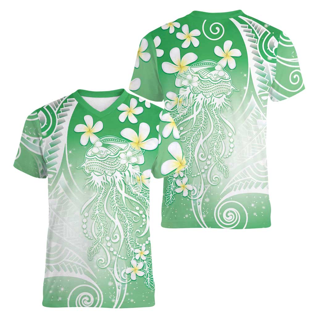 Polynesian Jellyfish Women V-Neck T-Shirt With Plumeria Green LT05 - Polynesian Pride