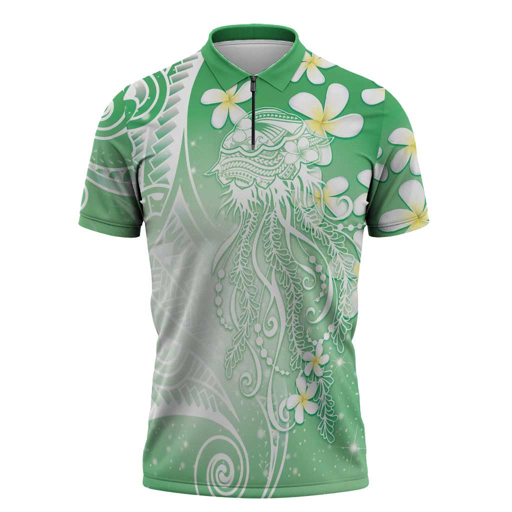 Polynesian Jellyfish Zipper Polo Shirt With Plumeria Green LT05 Green - Polynesian Pride