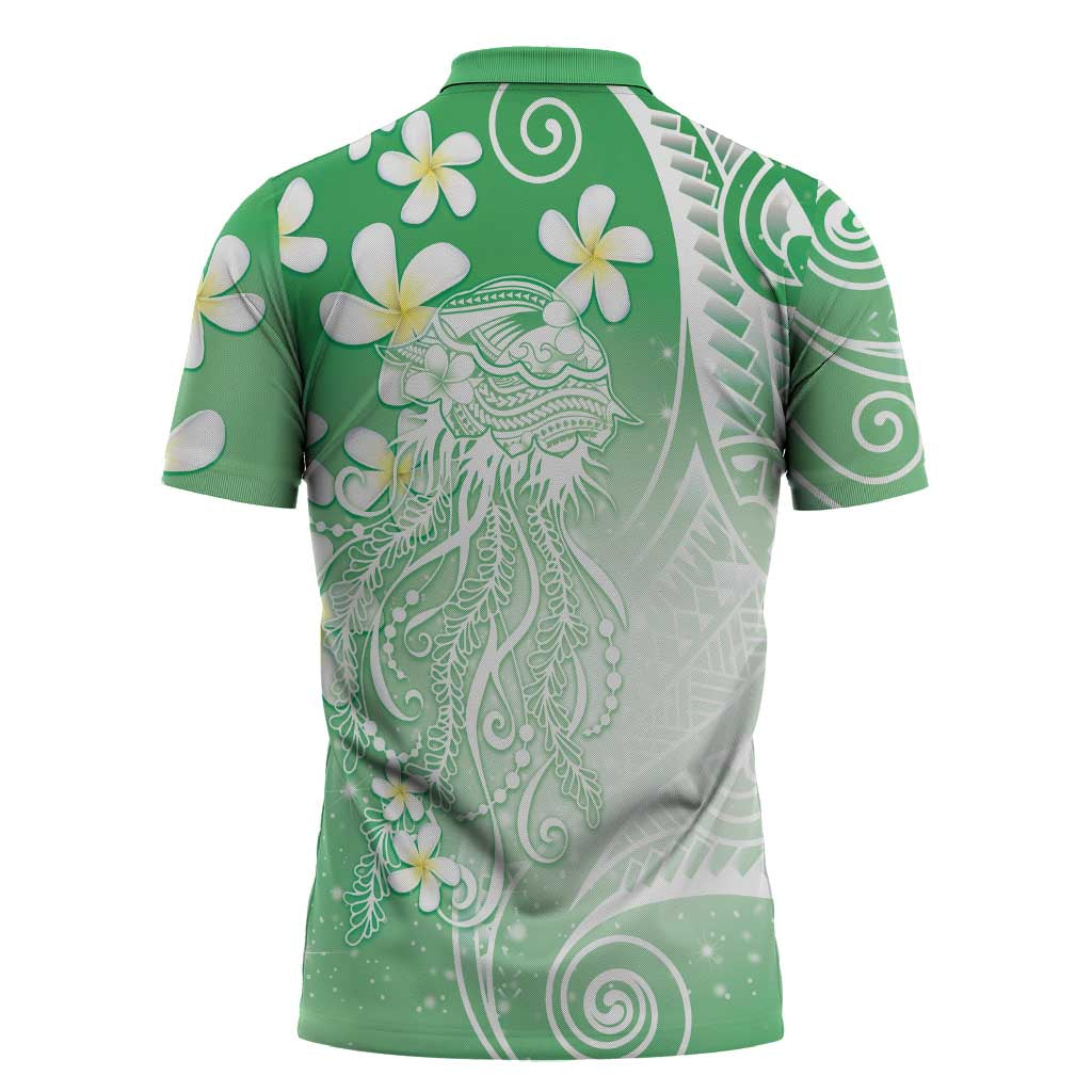 Polynesian Jellyfish Zipper Polo Shirt With Plumeria Green LT05 - Polynesian Pride
