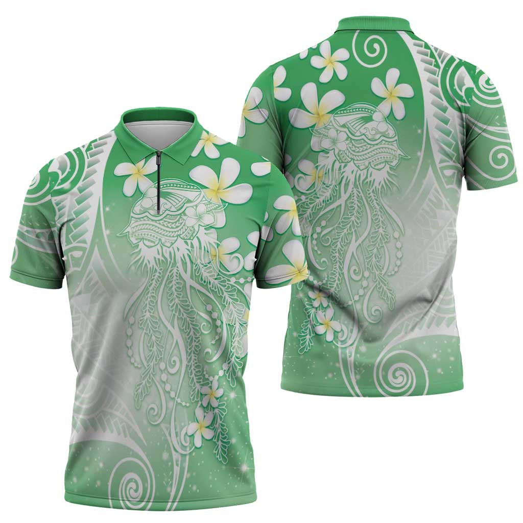 Polynesian Jellyfish Zipper Polo Shirt With Plumeria Green LT05 - Polynesian Pride