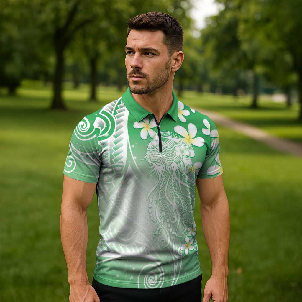 Polynesian Jellyfish Zipper Polo Shirt With Plumeria Green LT05 - Polynesian Pride