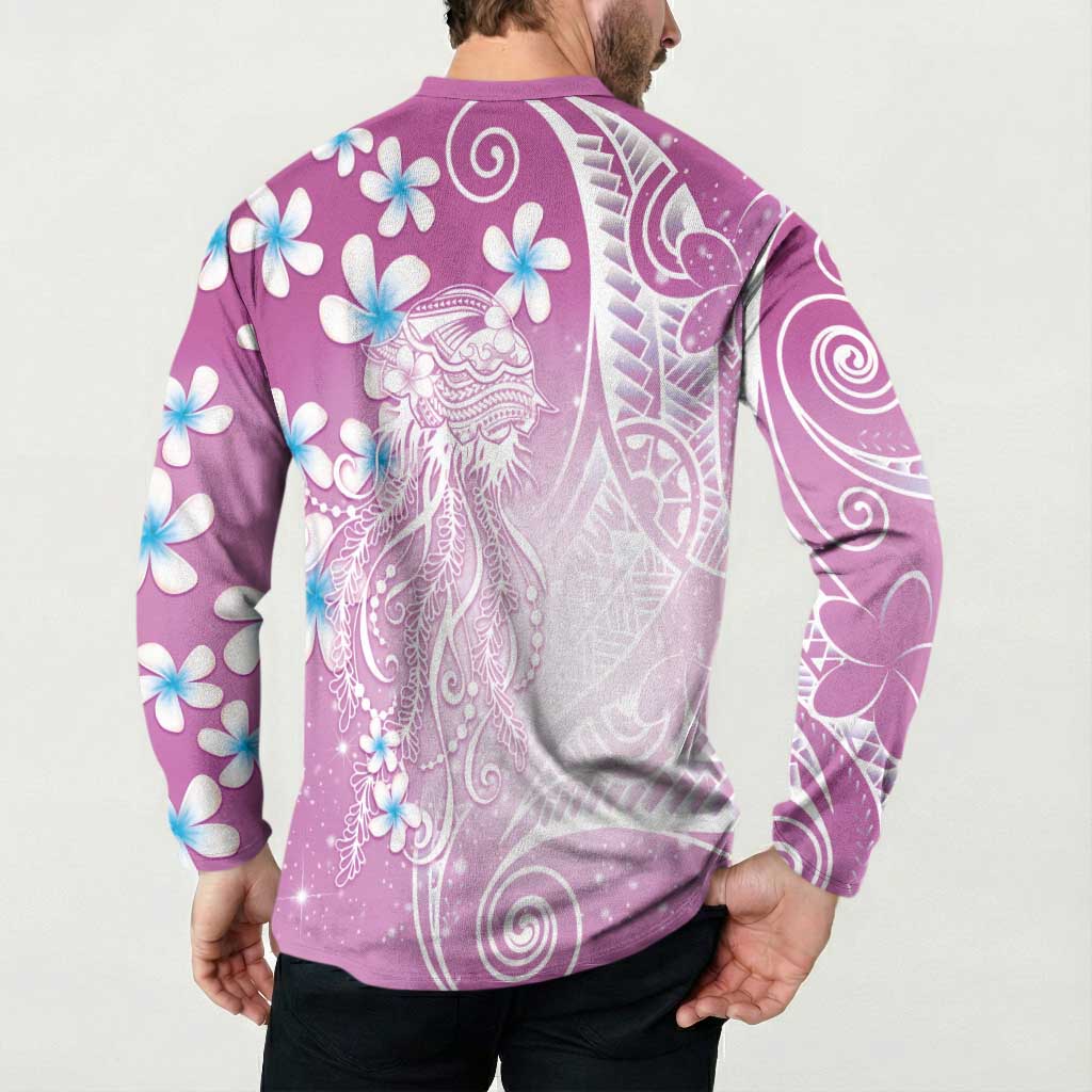 Polynesian Jellyfish Button Sweatshirt With Plumeria Pink LT05 - Polynesian Pride