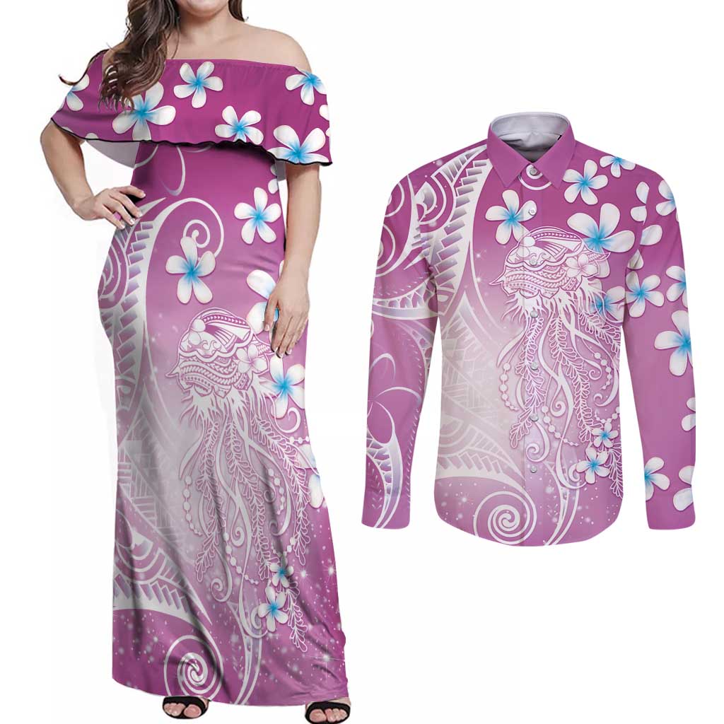 Polynesian Jellyfish Couples Matching Off Shoulder Maxi Dress and Long Sleeve Button Shirt With Plumeria Pink LT05 Pink - Polynesian Pride