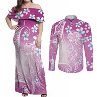 Polynesian Jellyfish Couples Matching Off Shoulder Maxi Dress and Long Sleeve Button Shirt With Plumeria Pink LT05 Pink - Polynesian Pride