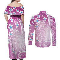 Polynesian Jellyfish Couples Matching Off Shoulder Maxi Dress and Long Sleeve Button Shirt With Plumeria Pink LT05 - Polynesian Pride