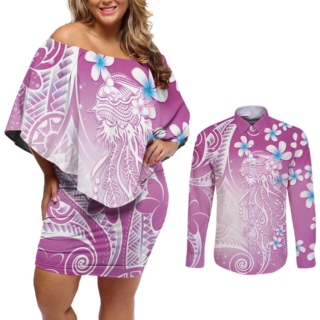Polynesian Jellyfish Couples Matching Off Shoulder Short Dress and Long Sleeve Button Shirt With Plumeria Pink LT05 Pink - Polynesian Pride