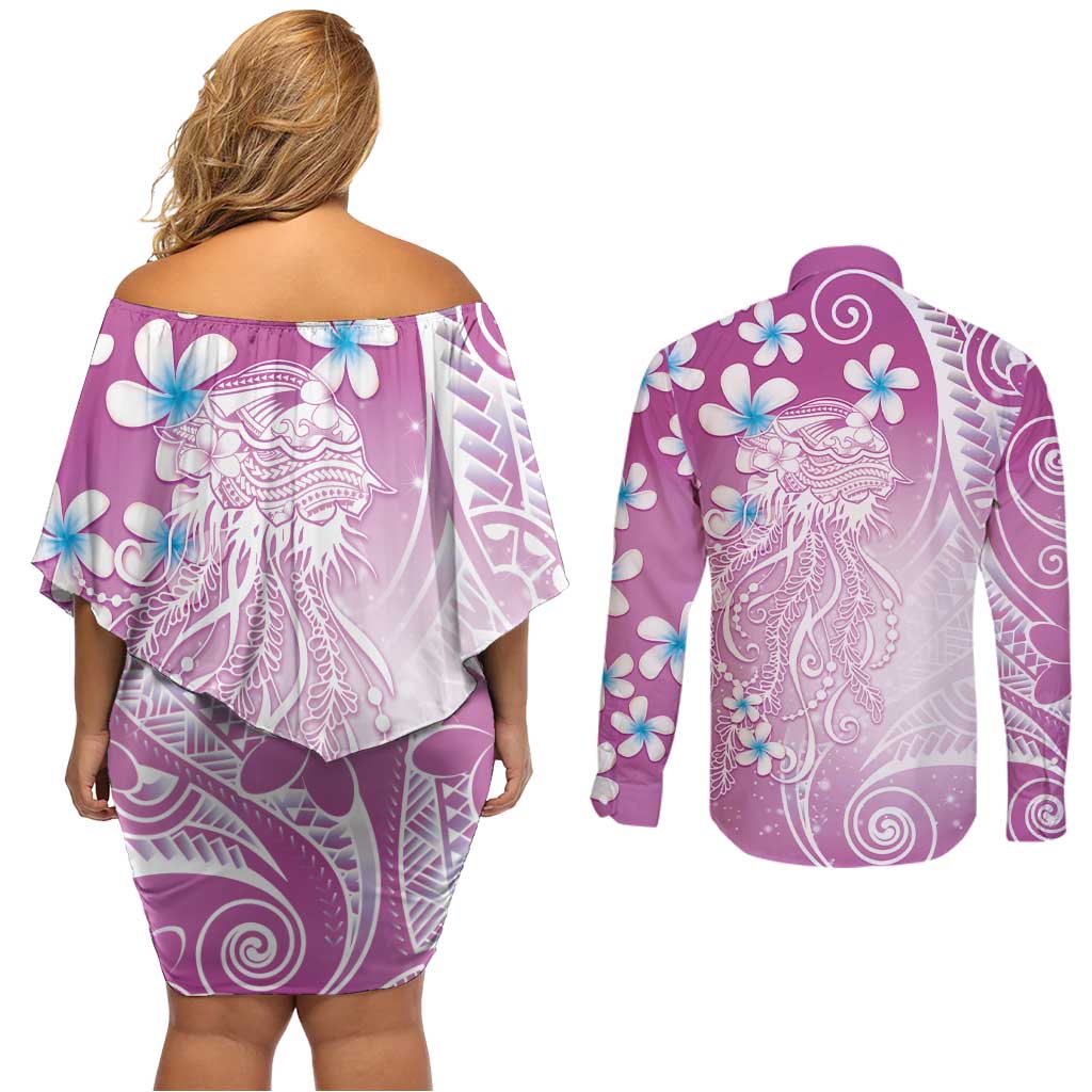 Polynesian Jellyfish Couples Matching Off Shoulder Short Dress and Long Sleeve Button Shirt With Plumeria Pink LT05 - Polynesian Pride