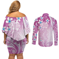Polynesian Jellyfish Couples Matching Off Shoulder Short Dress and Long Sleeve Button Shirt With Plumeria Pink LT05 - Polynesian Pride