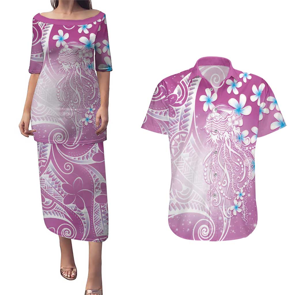 Polynesian Jellyfish Couples Matching Puletasi and Hawaiian Shirt With Plumeria Pink LT05 Pink - Polynesian Pride