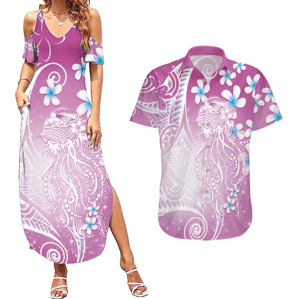 Polynesian Jellyfish Couples Matching Summer Maxi Dress and Hawaiian Shirt With Plumeria Pink LT05 Pink - Polynesian Pride