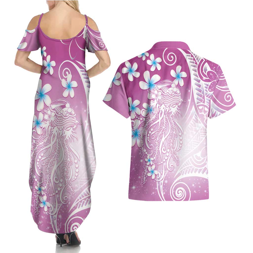 Polynesian Jellyfish Couples Matching Summer Maxi Dress and Hawaiian Shirt With Plumeria Pink LT05 - Polynesian Pride
