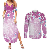 Polynesian Jellyfish Couples Matching Summer Maxi Dress and Long Sleeve Button Shirt With Plumeria Pink LT05 Pink - Polynesian Pride