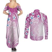 Polynesian Jellyfish Couples Matching Summer Maxi Dress and Long Sleeve Button Shirt With Plumeria Pink LT05 - Polynesian Pride
