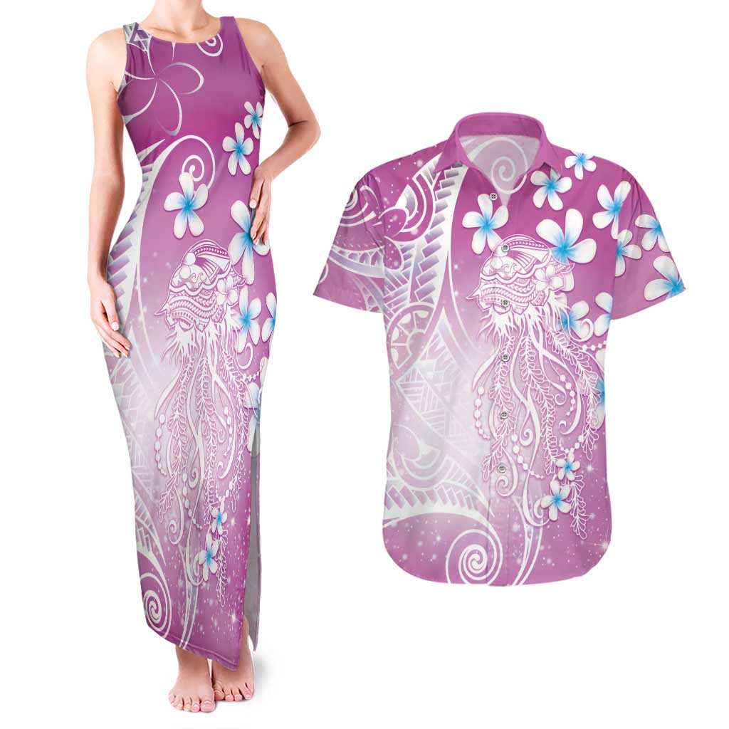 Polynesian Jellyfish Couples Matching Tank Maxi Dress and Hawaiian Shirt With Plumeria Pink LT05 Pink - Polynesian Pride