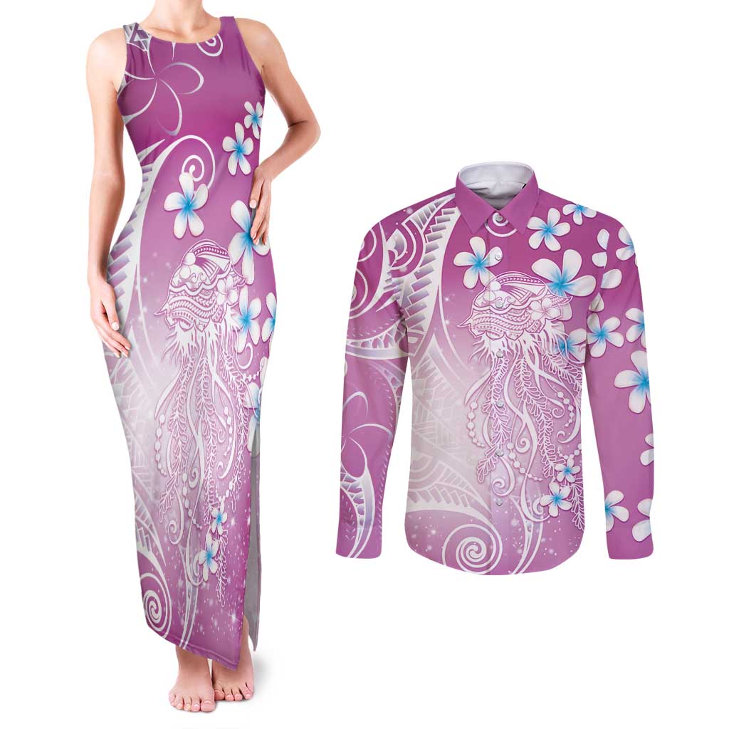 Polynesian Jellyfish Couples Matching Tank Maxi Dress and Long Sleeve Button Shirt With Plumeria Pink LT05 Pink - Polynesian Pride