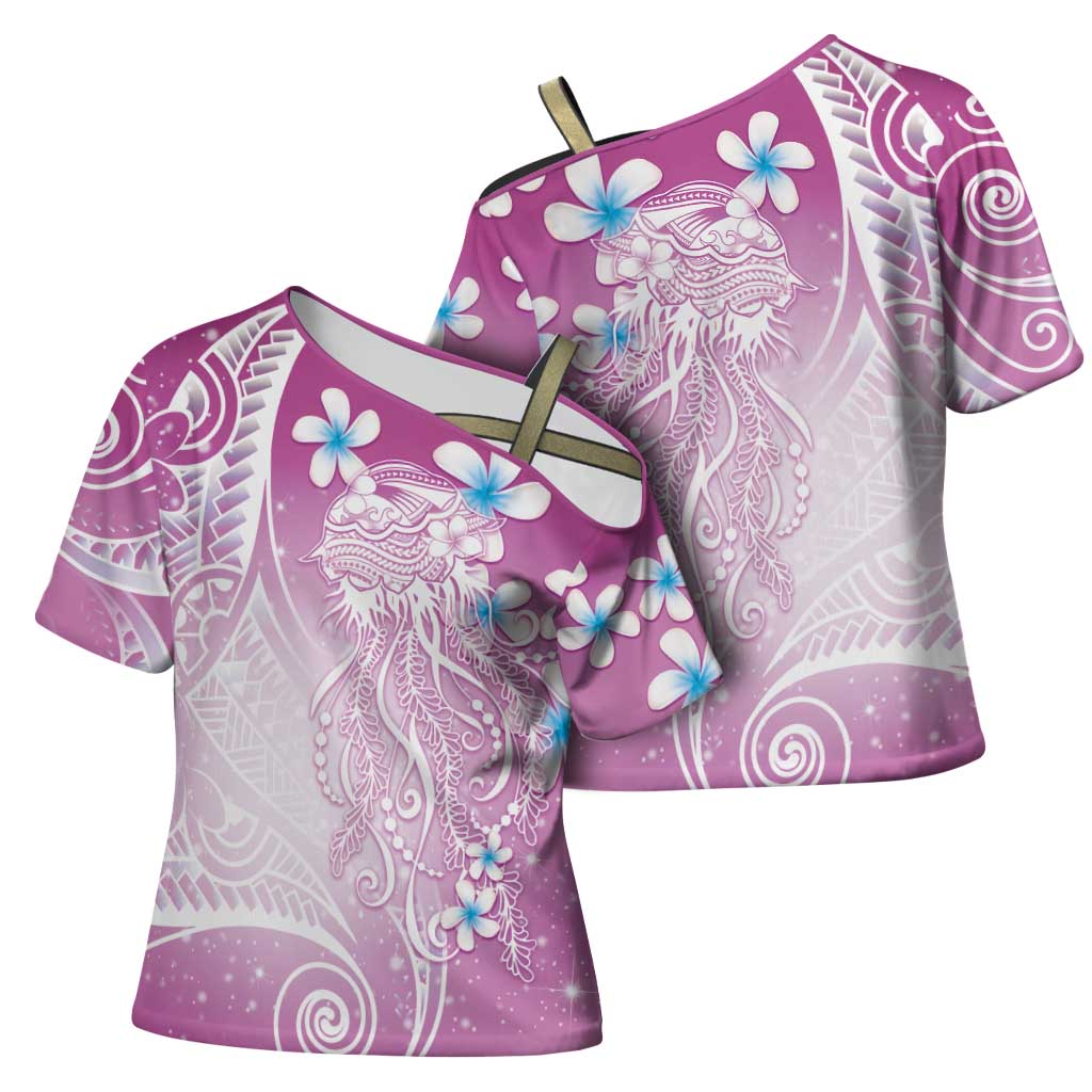 Polynesian Jellyfish Cross Shoulder Shirt With Plumeria Pink LT05 - Polynesian Pride