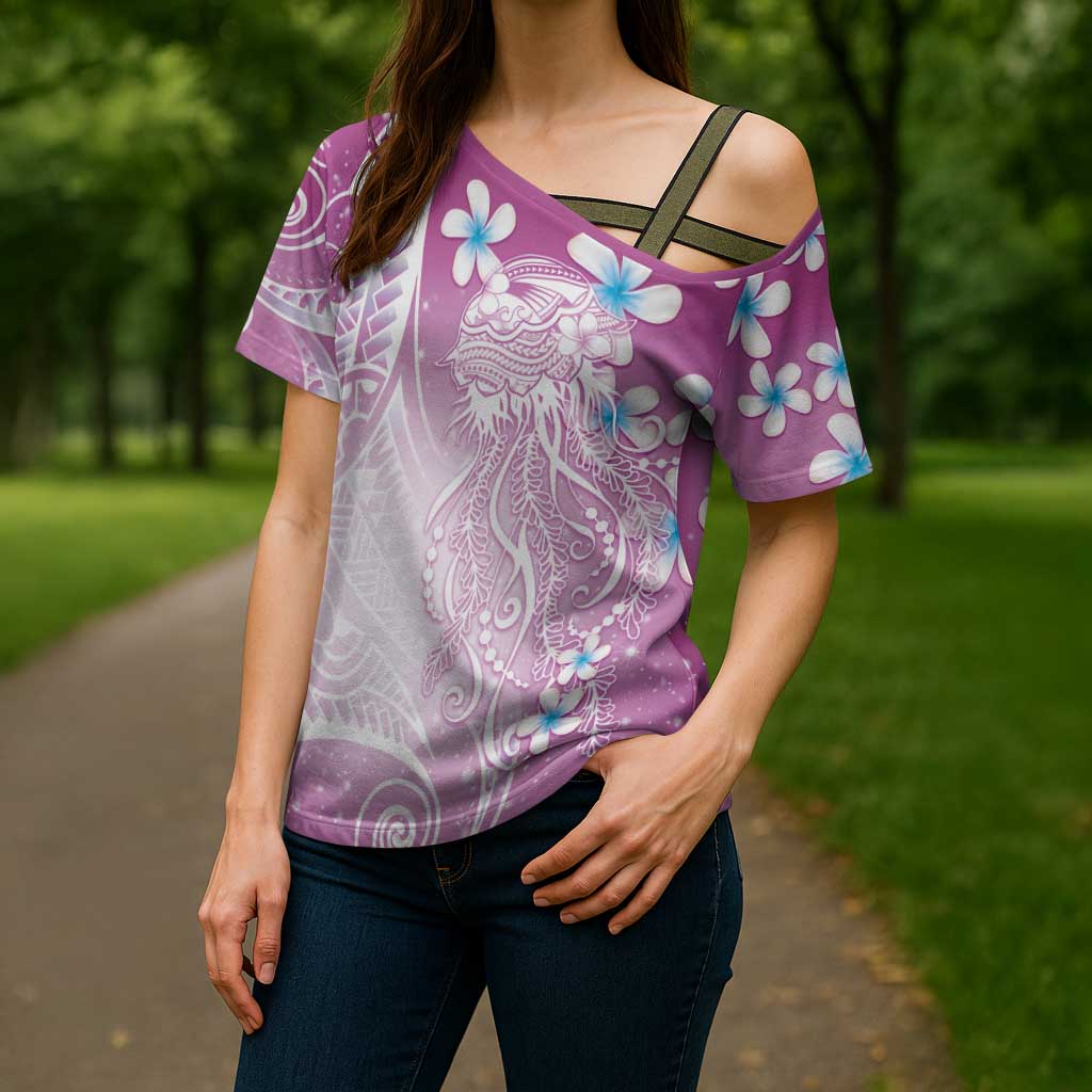 Polynesian Jellyfish Cross Shoulder Shirt With Plumeria Pink LT05 - Polynesian Pride