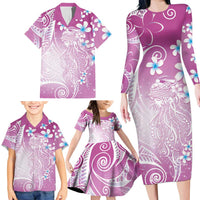 Polynesian Jellyfish Family Matching Long Sleeve Bodycon Dress and Hawaiian Shirt With Plumeria Pink