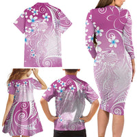 Polynesian Jellyfish Family Matching Long Sleeve Bodycon Dress and Hawaiian Shirt With Plumeria Pink