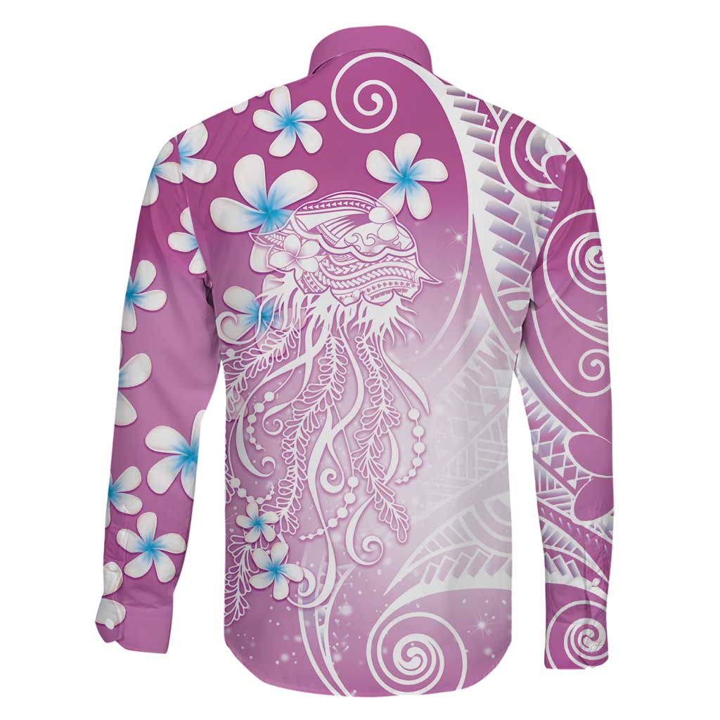 Polynesian Jellyfish Family Matching Long Sleeve Bodycon Dress and Hawaiian Shirt With Plumeria Pink