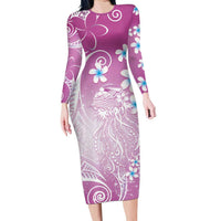 Polynesian Jellyfish Family Matching Long Sleeve Bodycon Dress and Hawaiian Shirt With Plumeria Pink
