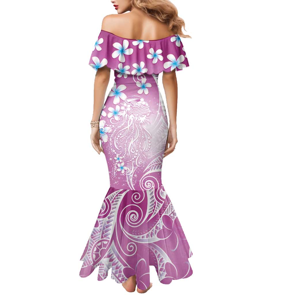 Polynesian Jellyfish Family Matching Mermaid Dress and Hawaiian Shirt With Plumeria Pink